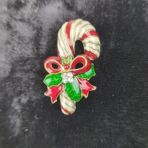 Vintage Christmas Brooch, Candy Cane With Bow & Rhinestones